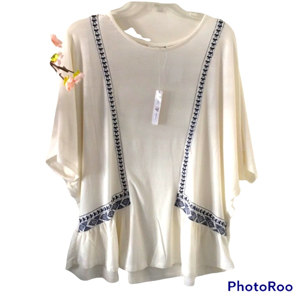 BNWT THYME & HONEY WHITE DOLMAN SLEEVE NAVY BLUE EMBROIDERED TUNIC TOP